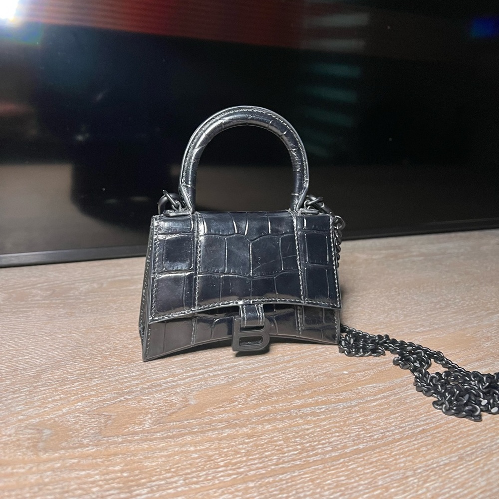 Balenciaga Black Croc Embossed Leather Mini Chain Hourglass Bag